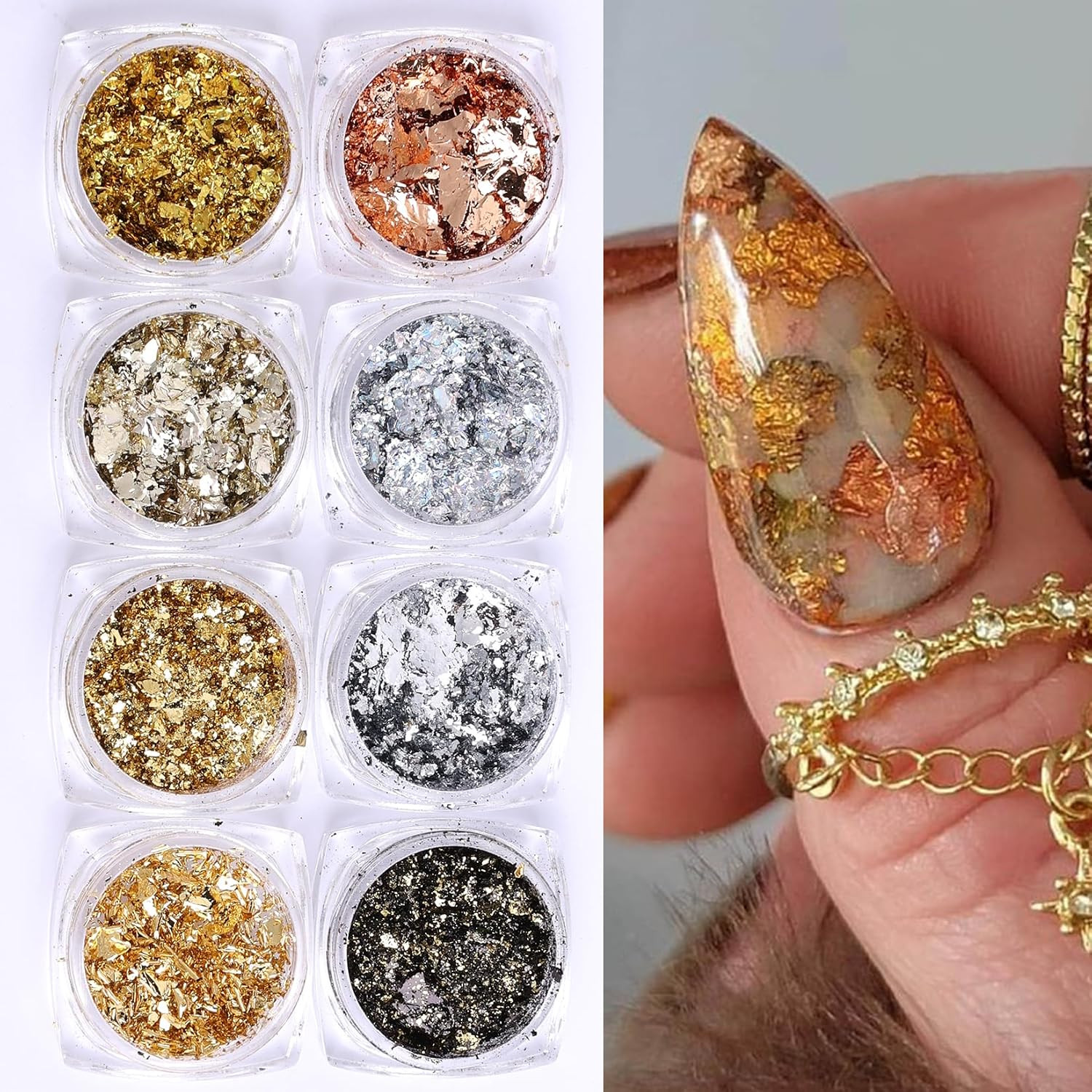 8 Bottles Gold Flakes Nail Glitter Foils Metallic Gold Silver Black Rose Golden
