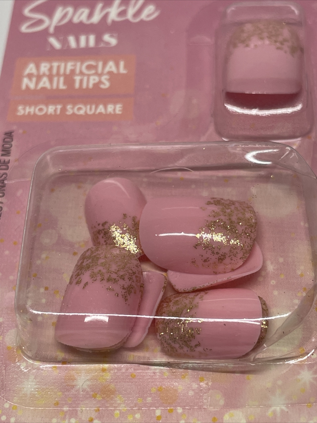 L.A. Colors Rise & Sparkle Nails Artifical Nail Tips Glam Pink Gold Short Square