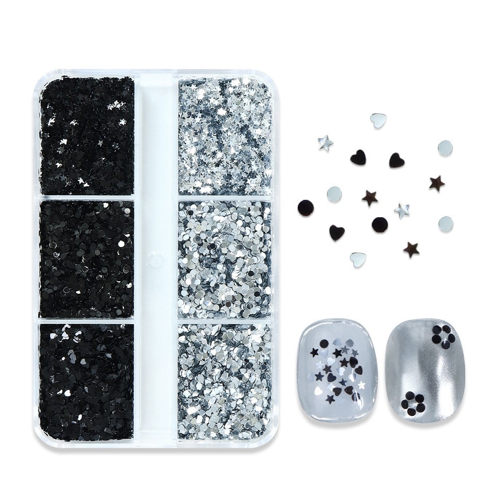 6 Grids 1MM Silver Black Nail Glitter Sequins Heart Star Flakes for Nail Art DIY