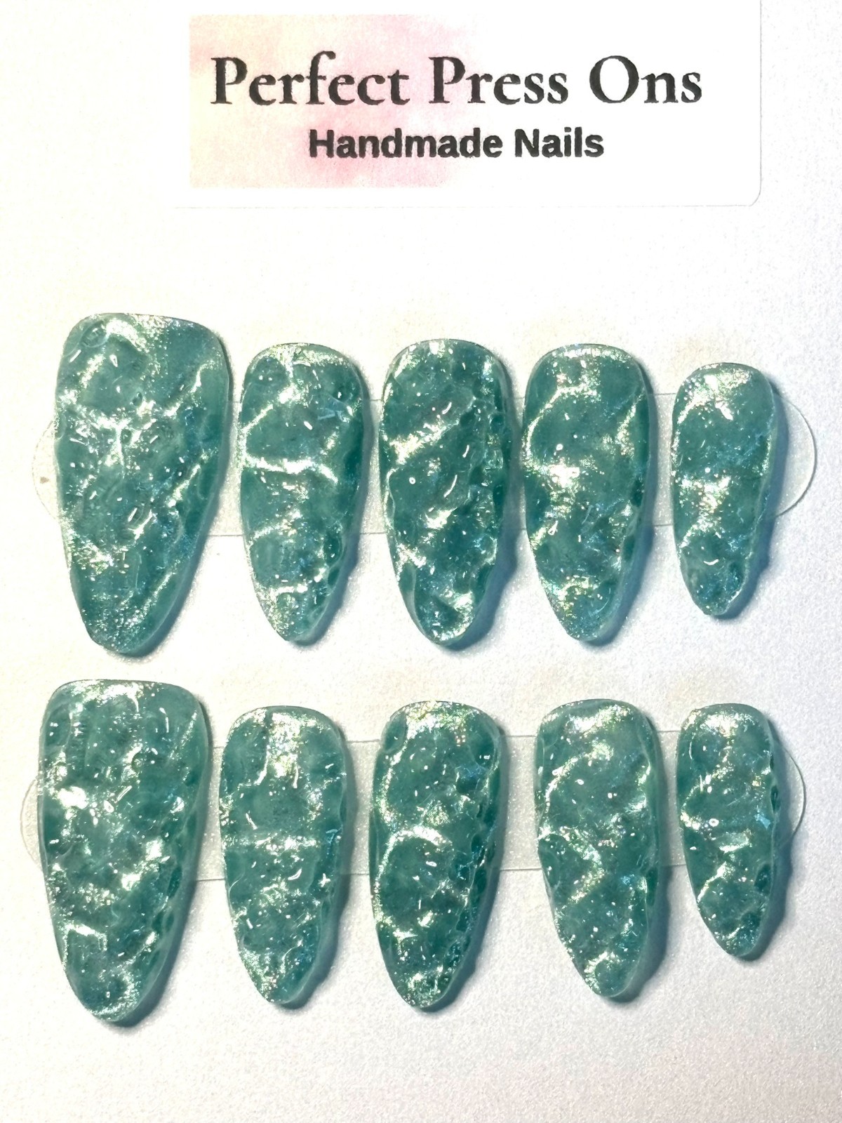 Mint Green Cat Eye Press On Nails Textured Foil Sea Glass Handmade Nails Small