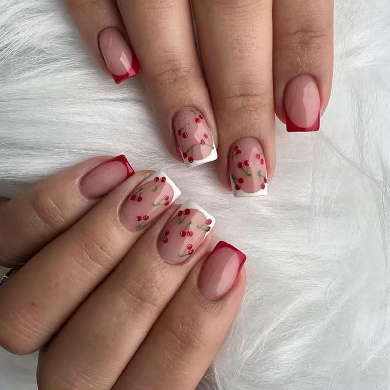 Cherry Press on Nails Short Square Fake Nude Glossy False Short, S07
