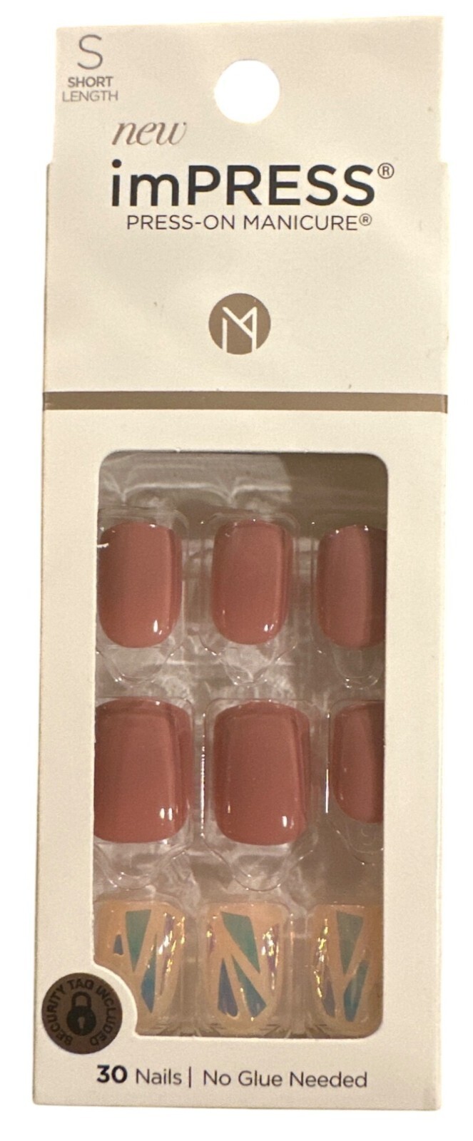 Kiss ImPRESS 30 Nails MIRACLE Short Square Shiny Coral+Peach Broken Glass Design