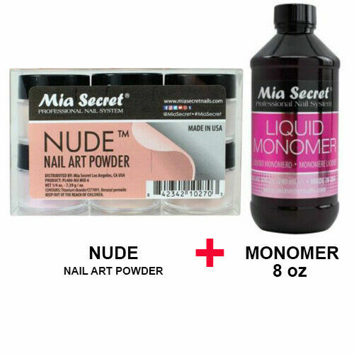 New Mia Secret Monomer 8 Ounce + NUDE Nail Art Powder 6 Colors Collection Set