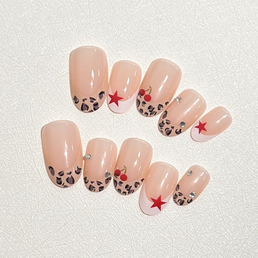 48Pcs-Short Round Nude Leopard Print French Cherry Rhinestone Press on Nails