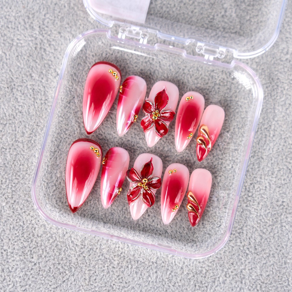Handmade High Quality Almond Press On Nails Pink Red Gradient Fake Nails S-L