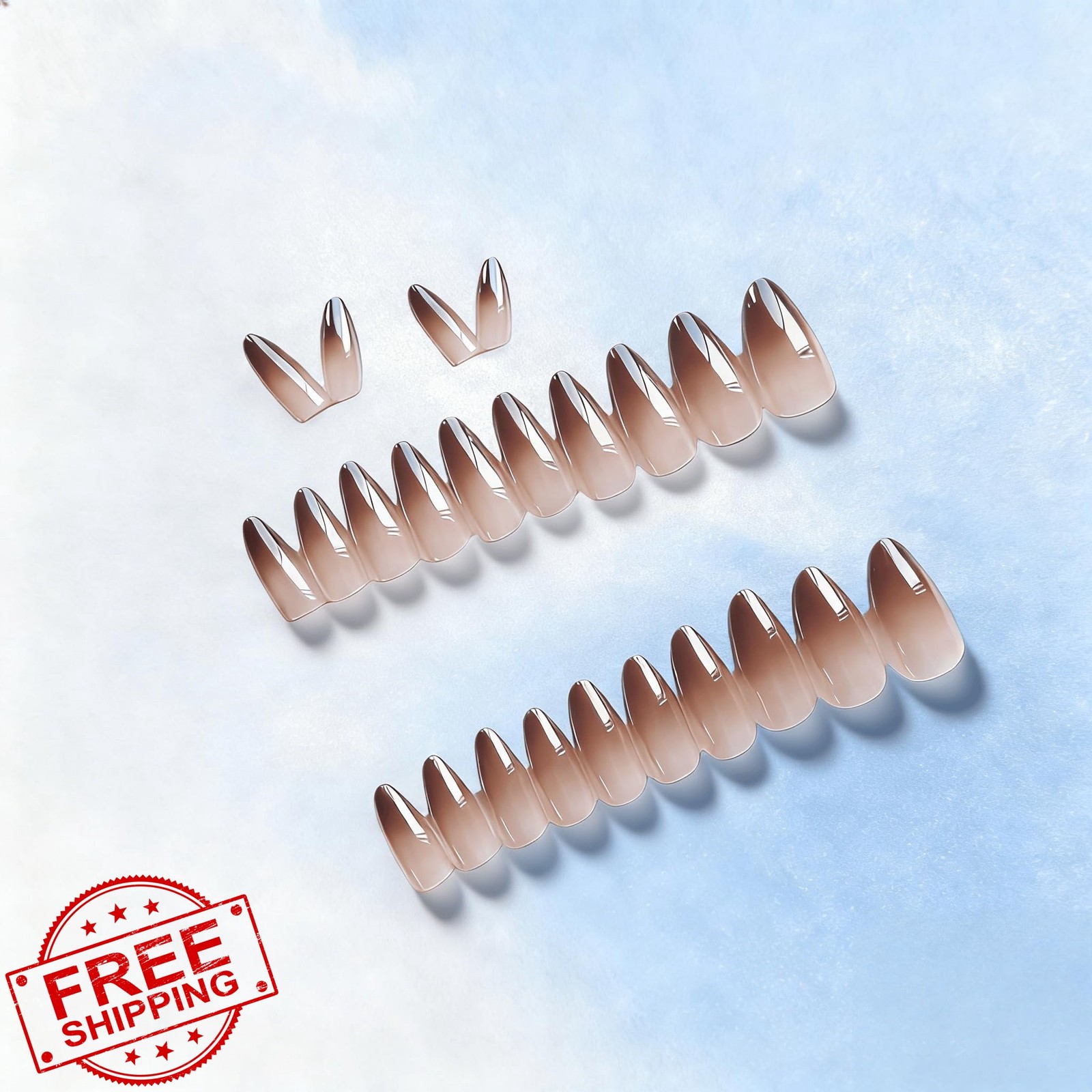 SXVME Ombre Brown Chrome French Press On Nails Almond Medium