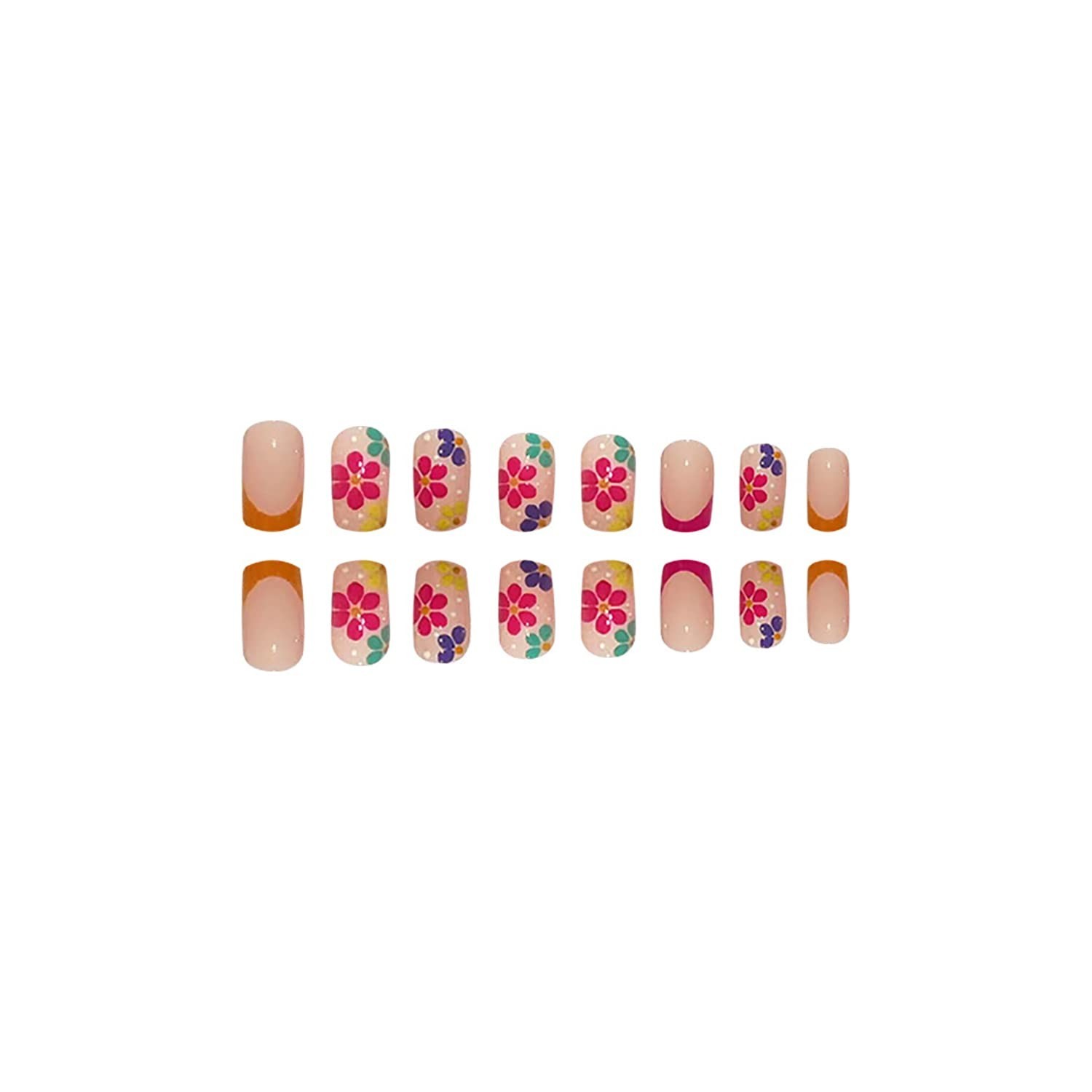 24-Pack Short Square French Tip Fake Nails – Glossy Nude Pink with Flowers