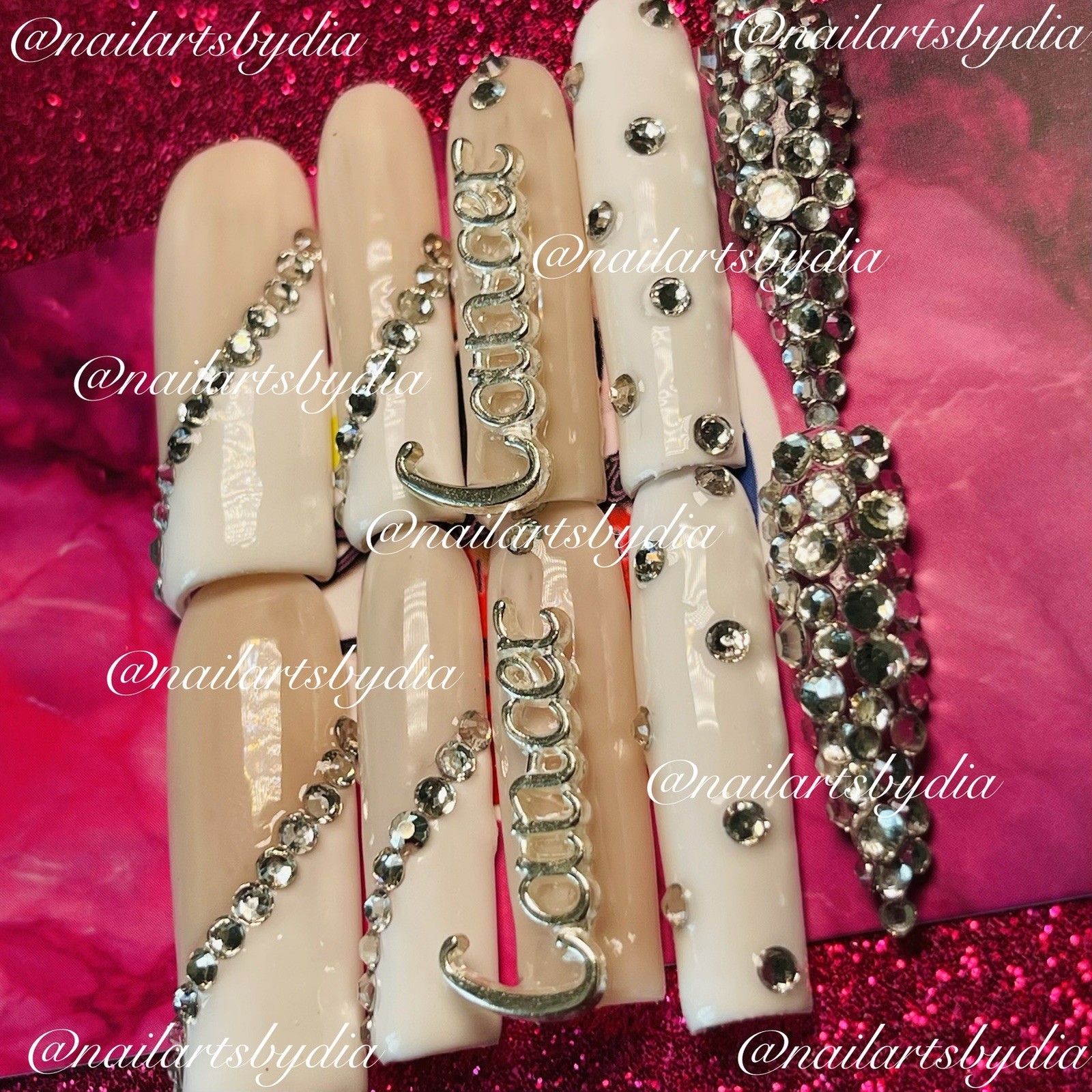 Authentic Nail Arts by Dia Long Coffin Press-On Nails White Beige Silver 3D