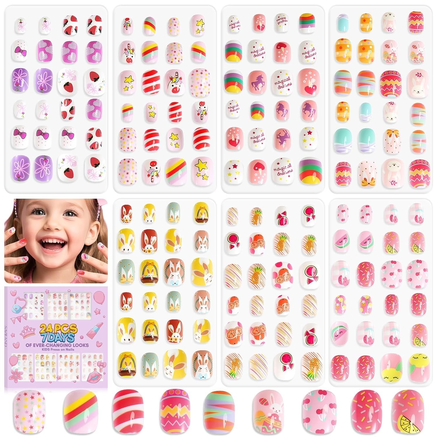 168Pcs 7 Pack Press on Nails for Kids: Funky-bright Fake Nails for Kids 8-12 …