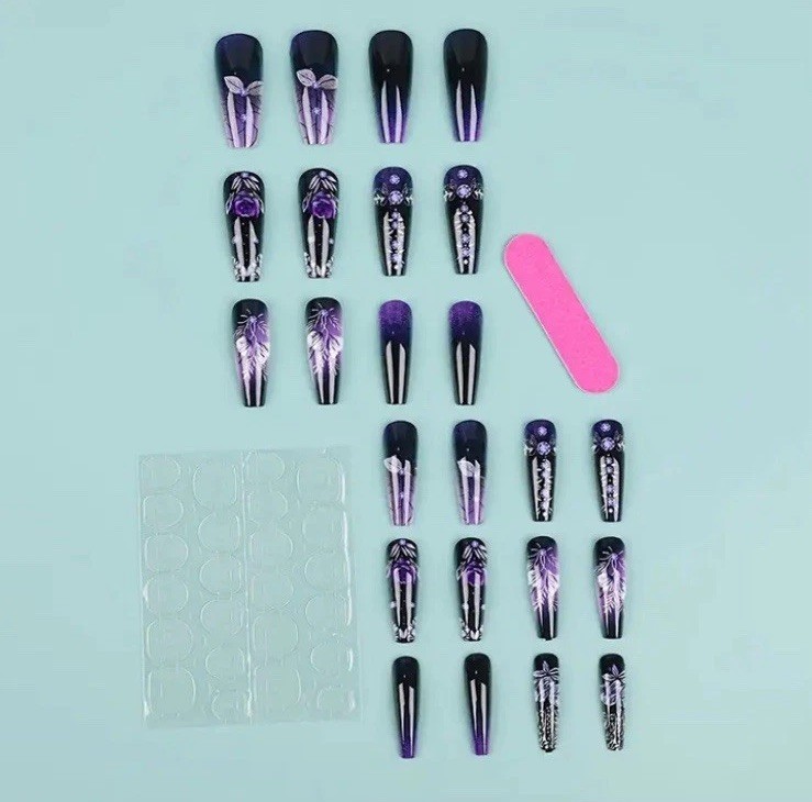 Deep Purple Floral Long Coffin Nail Tips 24pcs Goth Dark Boxed Nails GLUE & Tabs