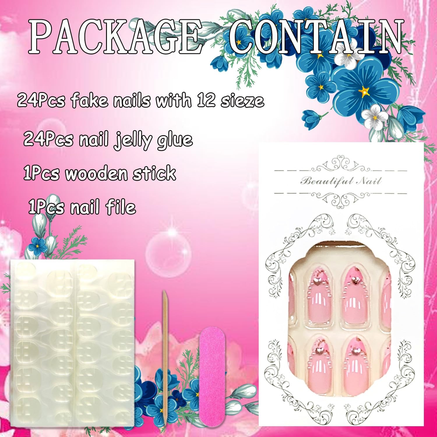 Press on Nails Almond Pink 24Pcs Glossy Full Cover Acrylic French Tips Medium…