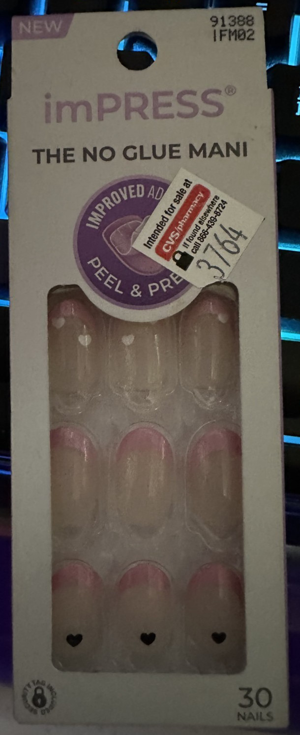 Kiss Short Natural nails Pink french tips Gloss almond with black heart manicure