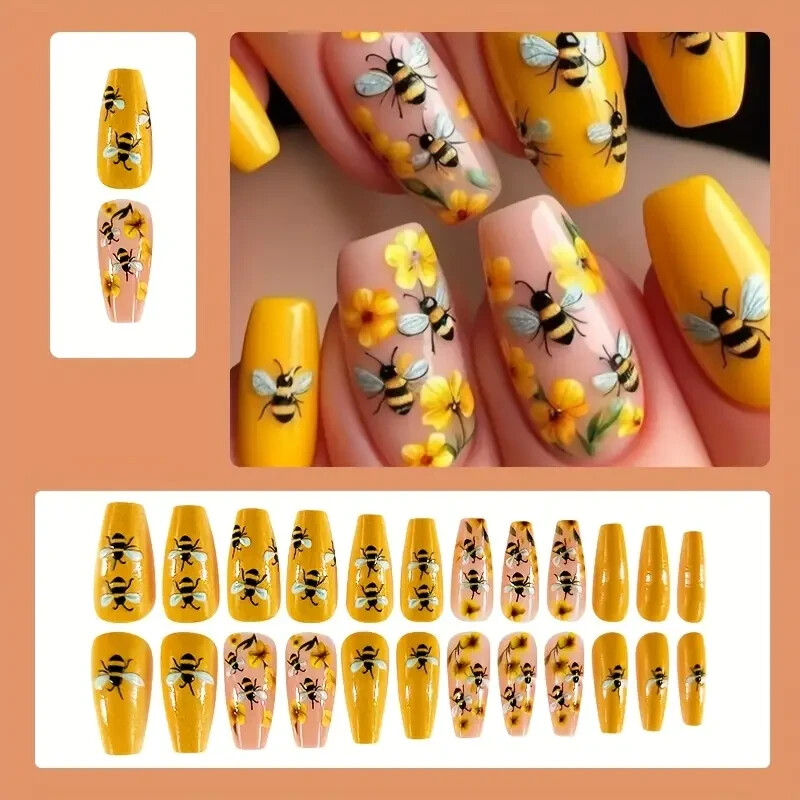24pcs Press-On Nails Set, Long Yellow Glossy Finish with 3D Bee & Flower Design