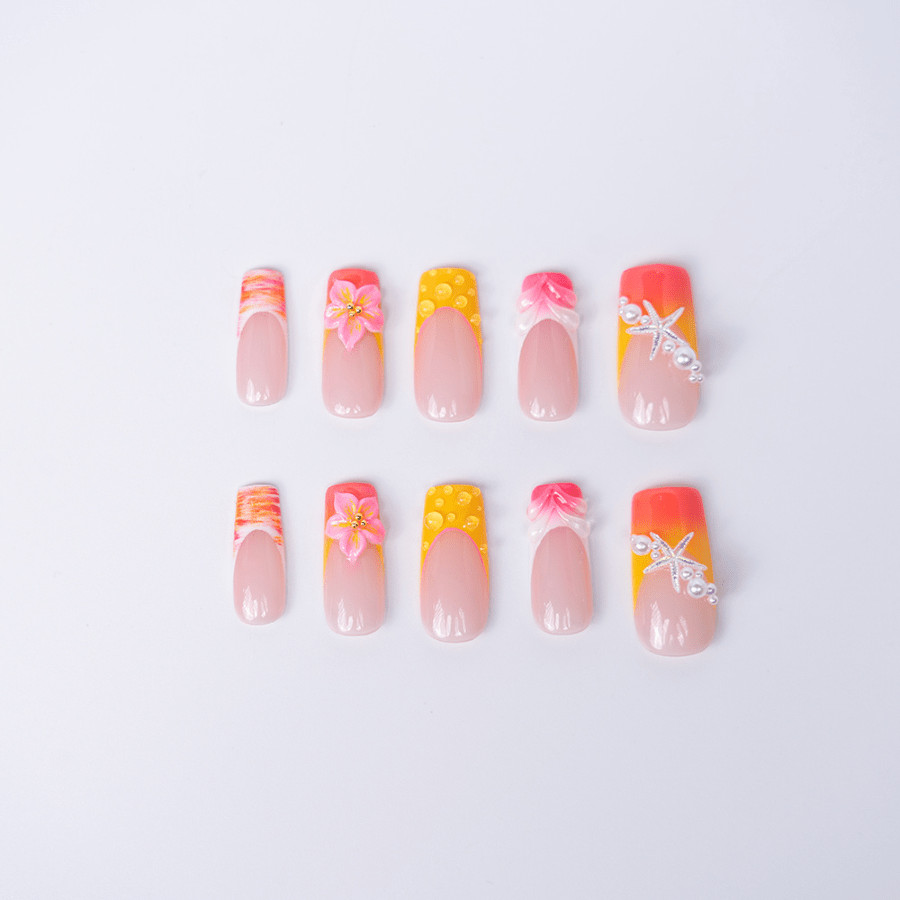 Handmade Orange Pink Gradient Press on Nails Starfish Pearl Glossy Fake Nails