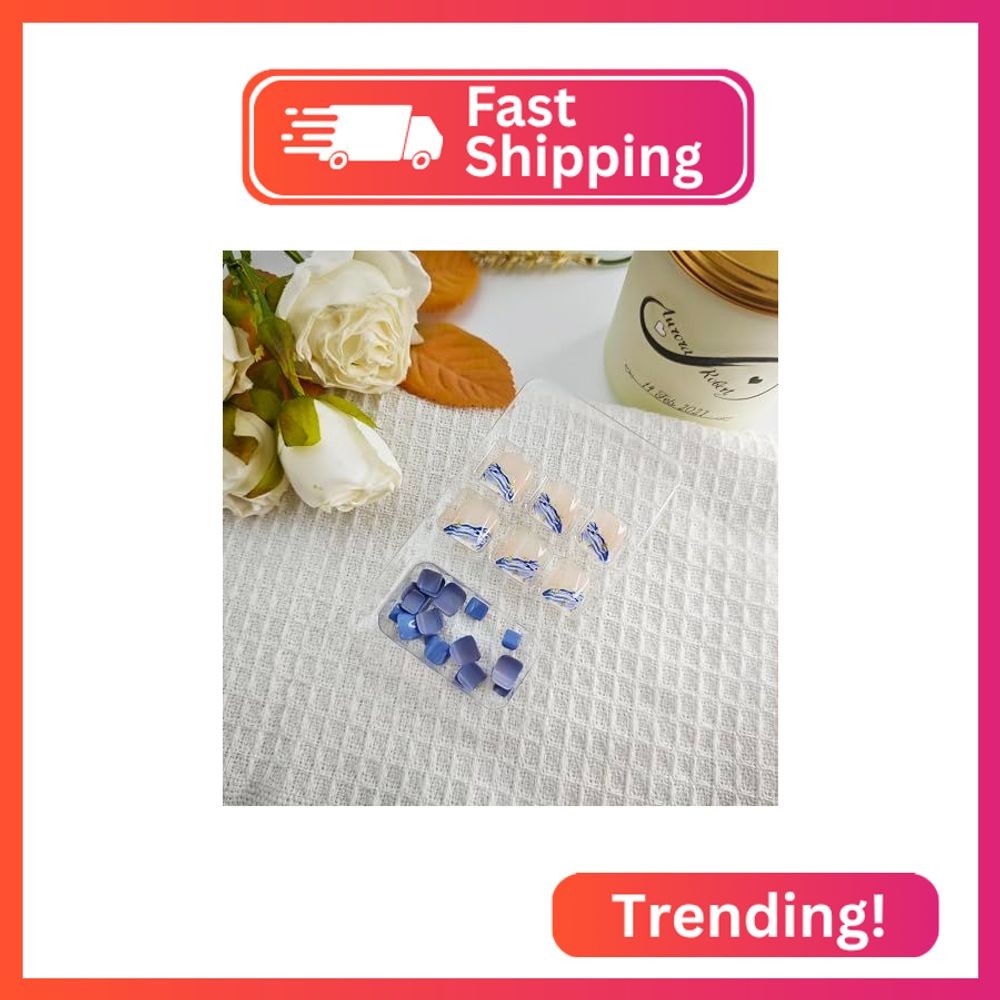 24Pcs Summer Fake Toenails Blue Press on Toe Nails with Gold Foil Designs Reusab