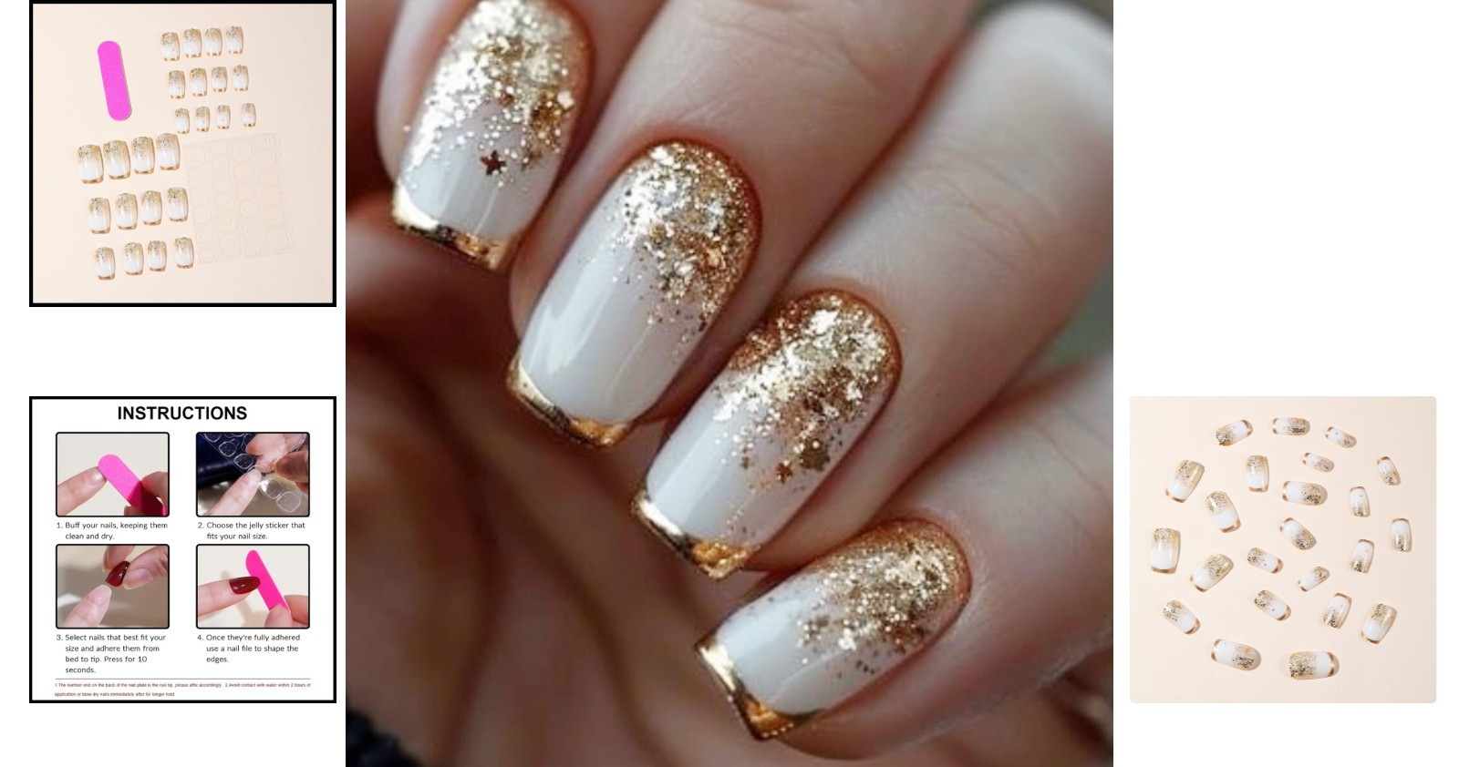 24Pcs Medium White Press On Nails with Gold Glitter – Glamorous Fall Manicure