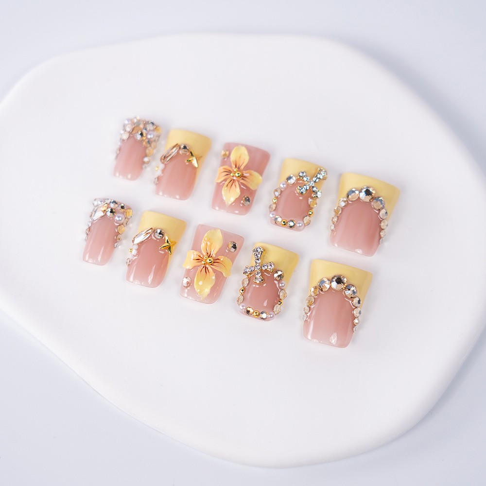 10/20PCS Handmade Square Press On Nails Yellow Floral Rhinestones Fake Nail XS-M