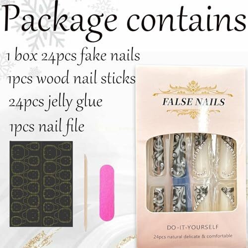 Long Press on Nails Square Fake Nails with 3D Heart Silver French Tips