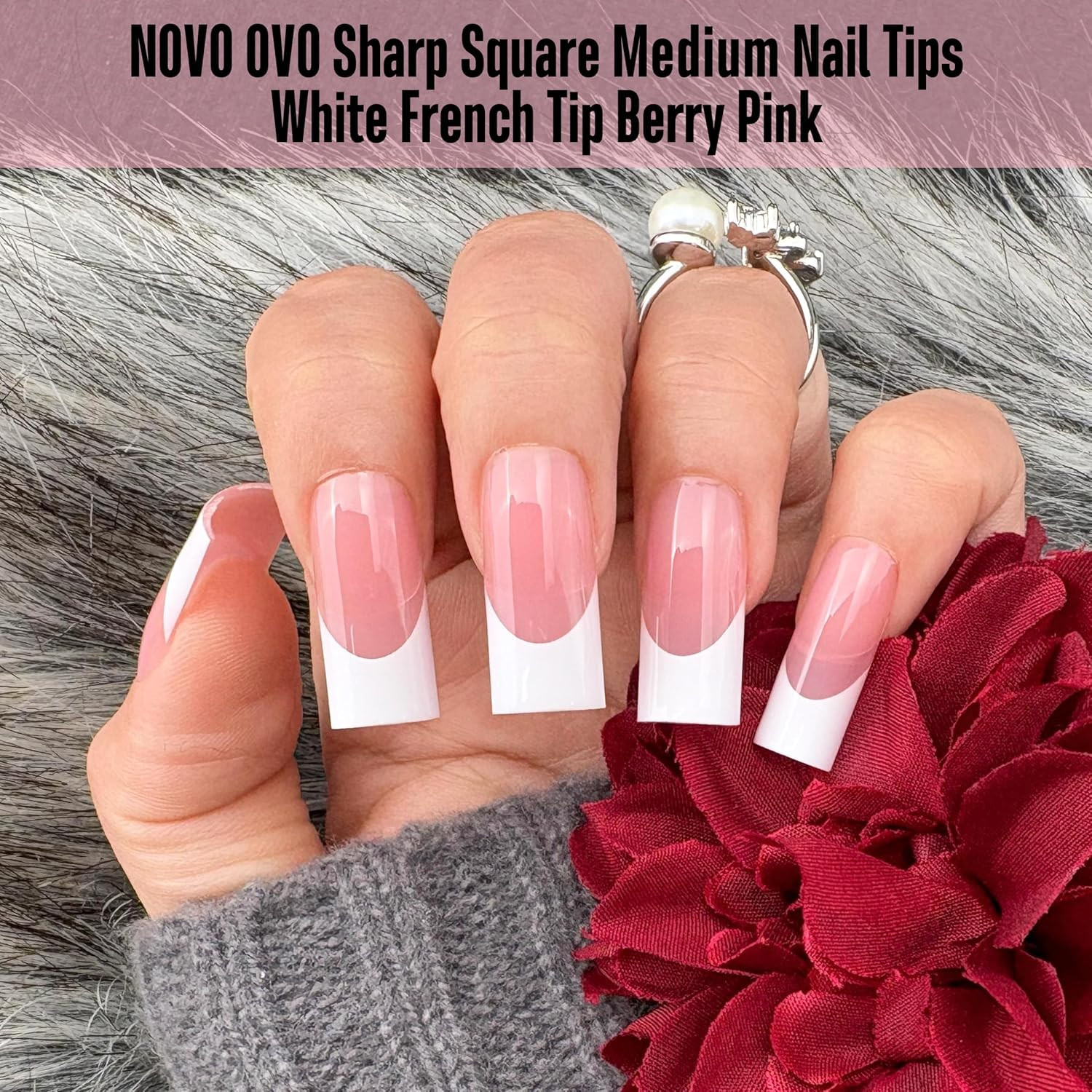 Medium Sharp Square White French Tip Nail Tips Press on BERRY PINK, Extra Thick