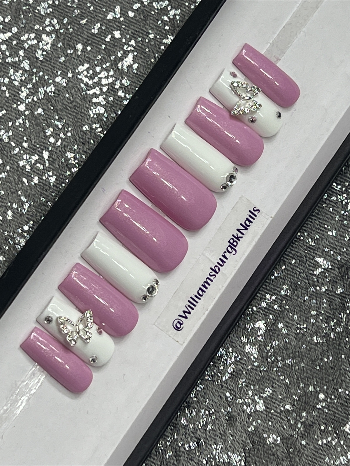 🔥 CUSTOM Gel Press On Nails, Lilac W BLING 10p set FULL SET W Kit BUTTERFLY