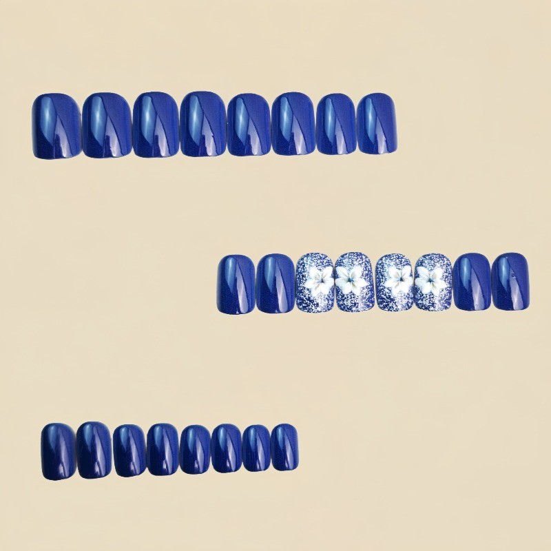 48pcs Elegant Navy Blue Glitter Press On Nails Flower Long Coffin Fake Nails