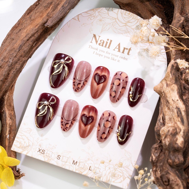 48pcs-Press on Nails Burgundy Cat Eye Leopard Print Heart Almond Nail Art Set