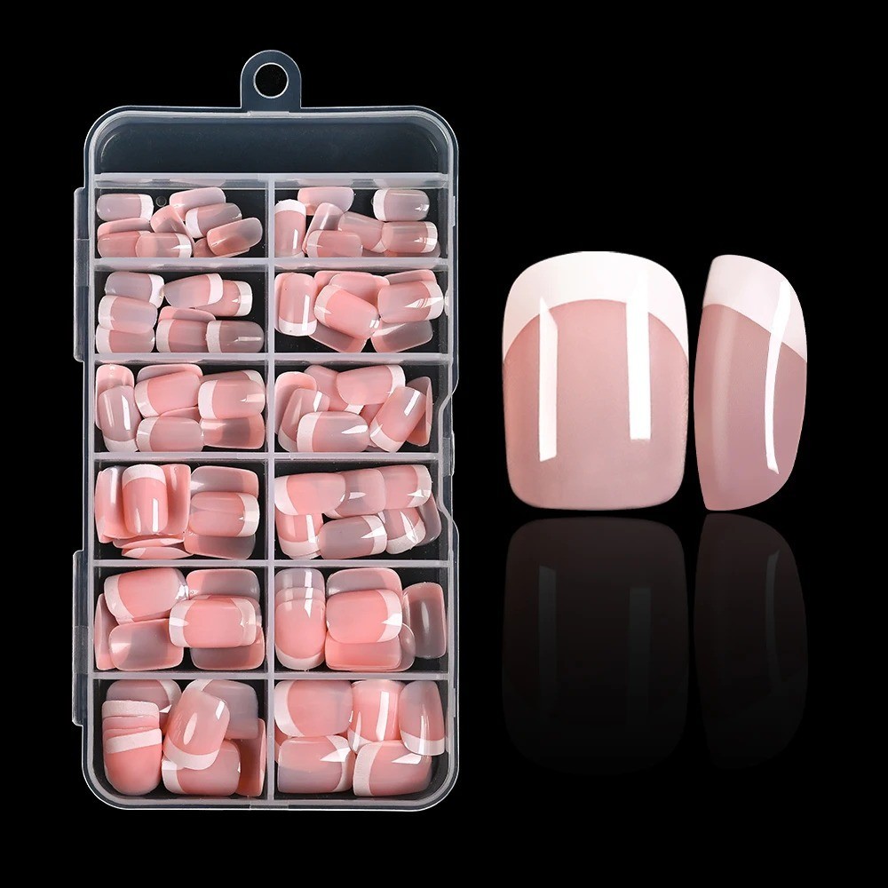 120Pcs Pink French Short Square Fake Nails 12-Sizes Full Cover Press On Nails We