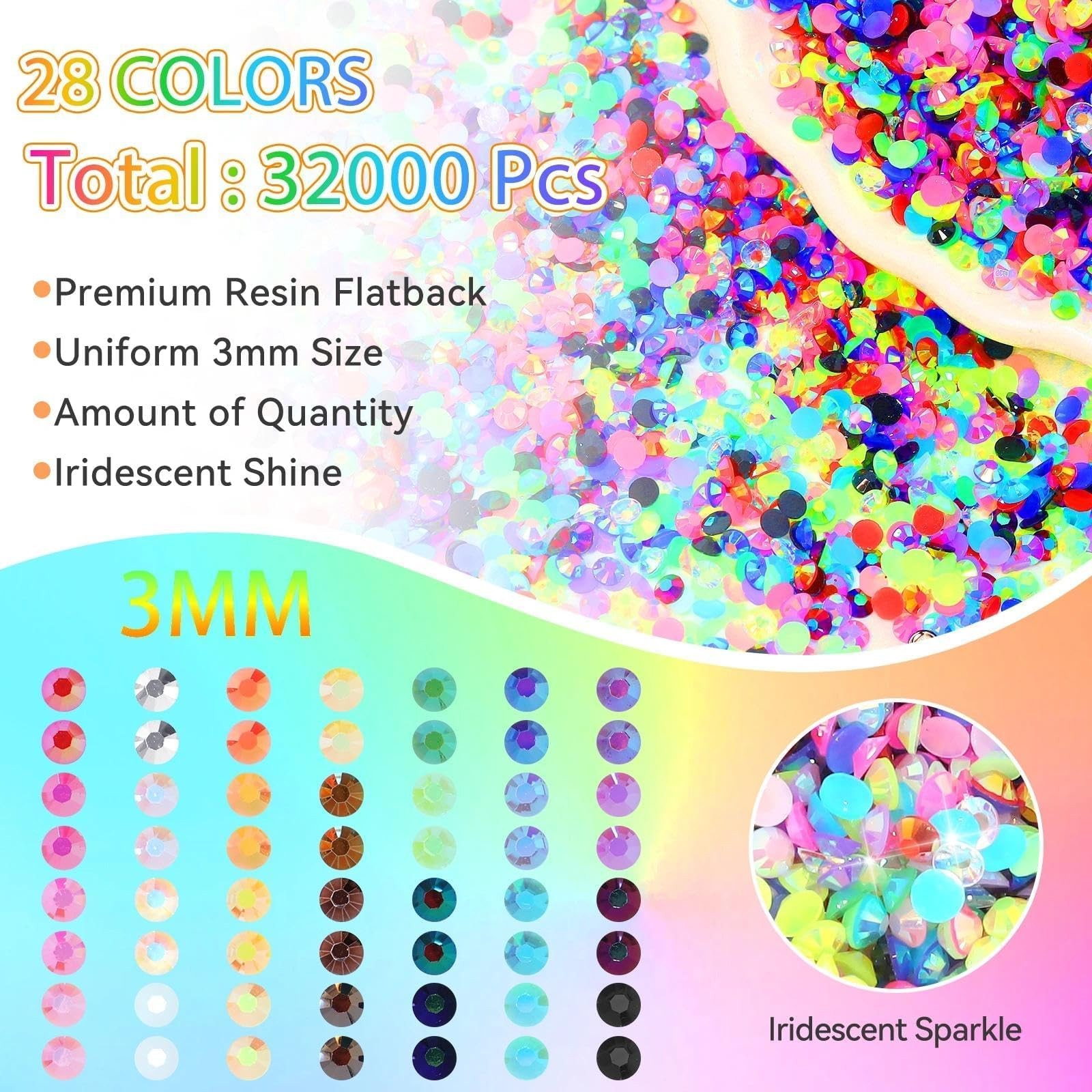 32000 Pcs Rhinestones for Bedazzling Kit with Tools, 3mm Flatback Resin Gems