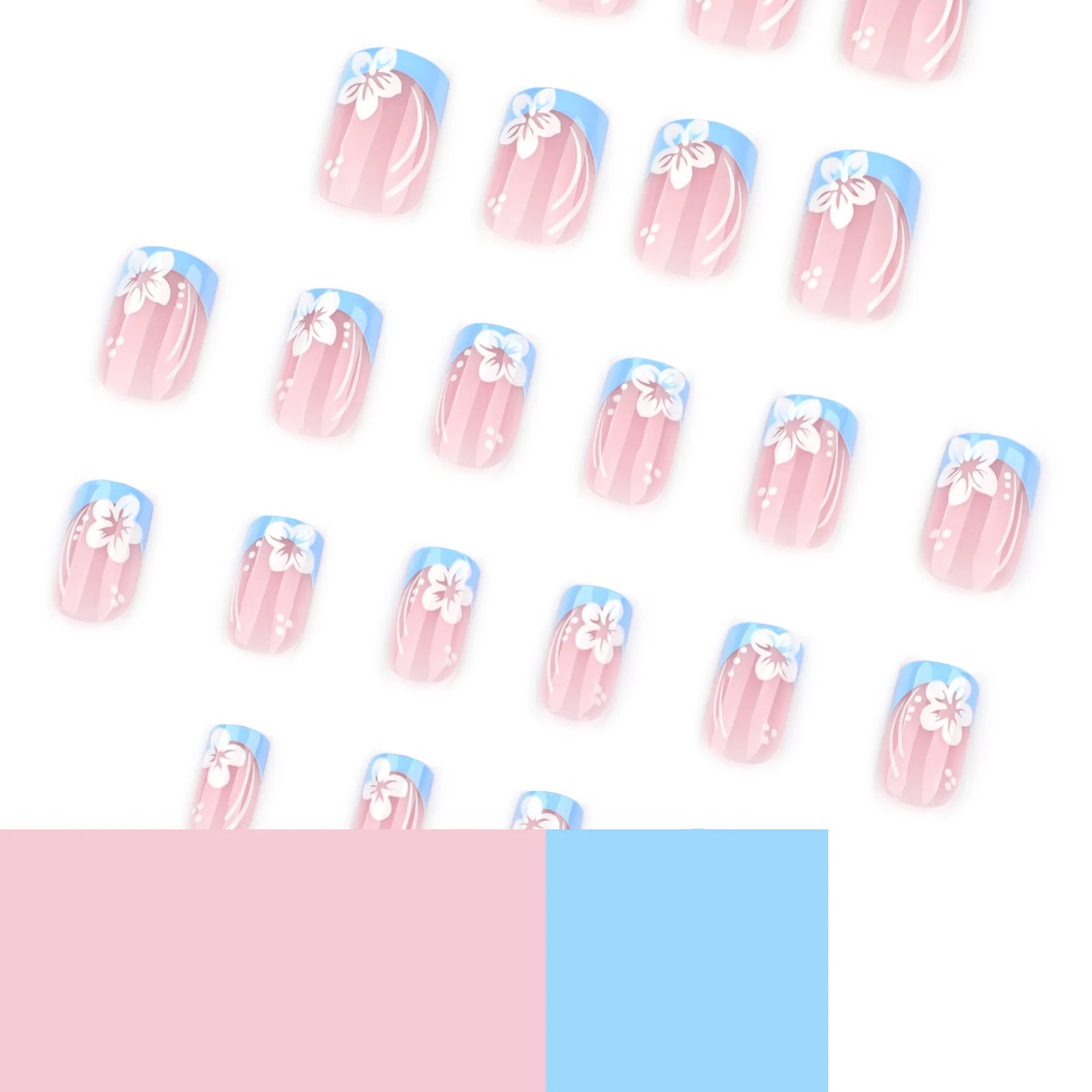 24pcs Spring White Flower Blue French Square Press On Nails