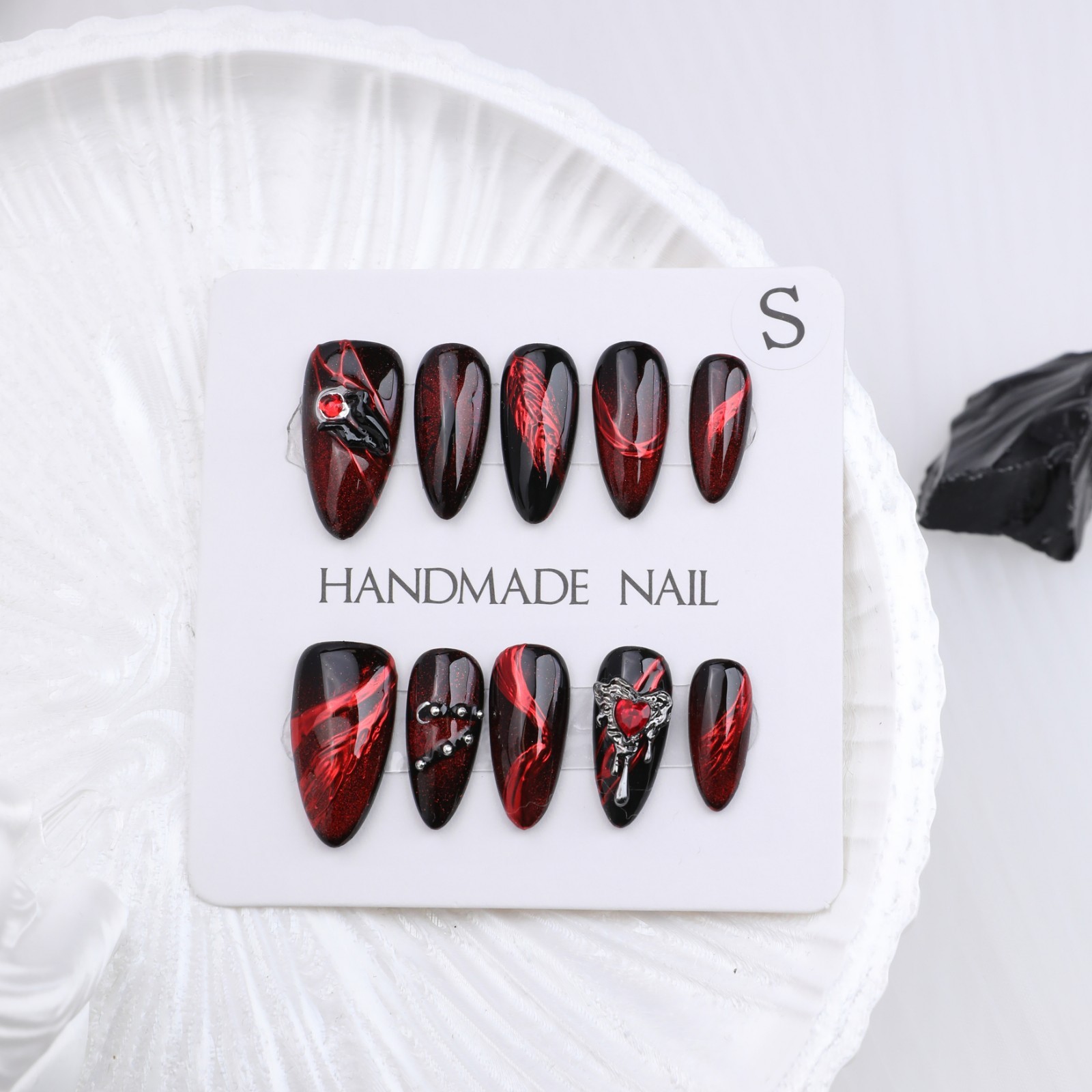 Press On Nails Medium Almond Black Red Cat Eye Rhinestone Gothic Halloween Nails