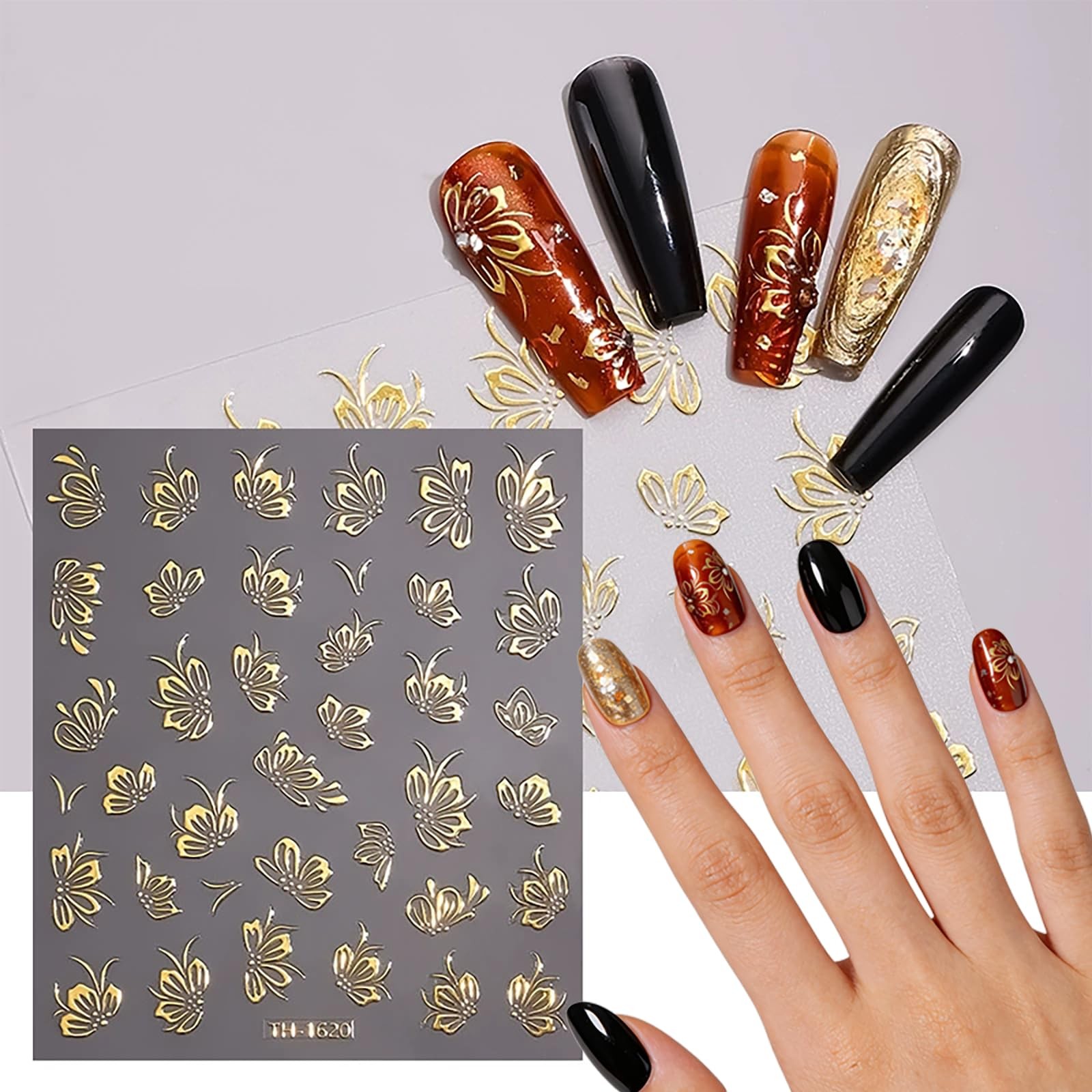 6 Sheets Gold Nail Stickers Set 3D Flower Leaf Butterfly Nail Art Stickers, -…
