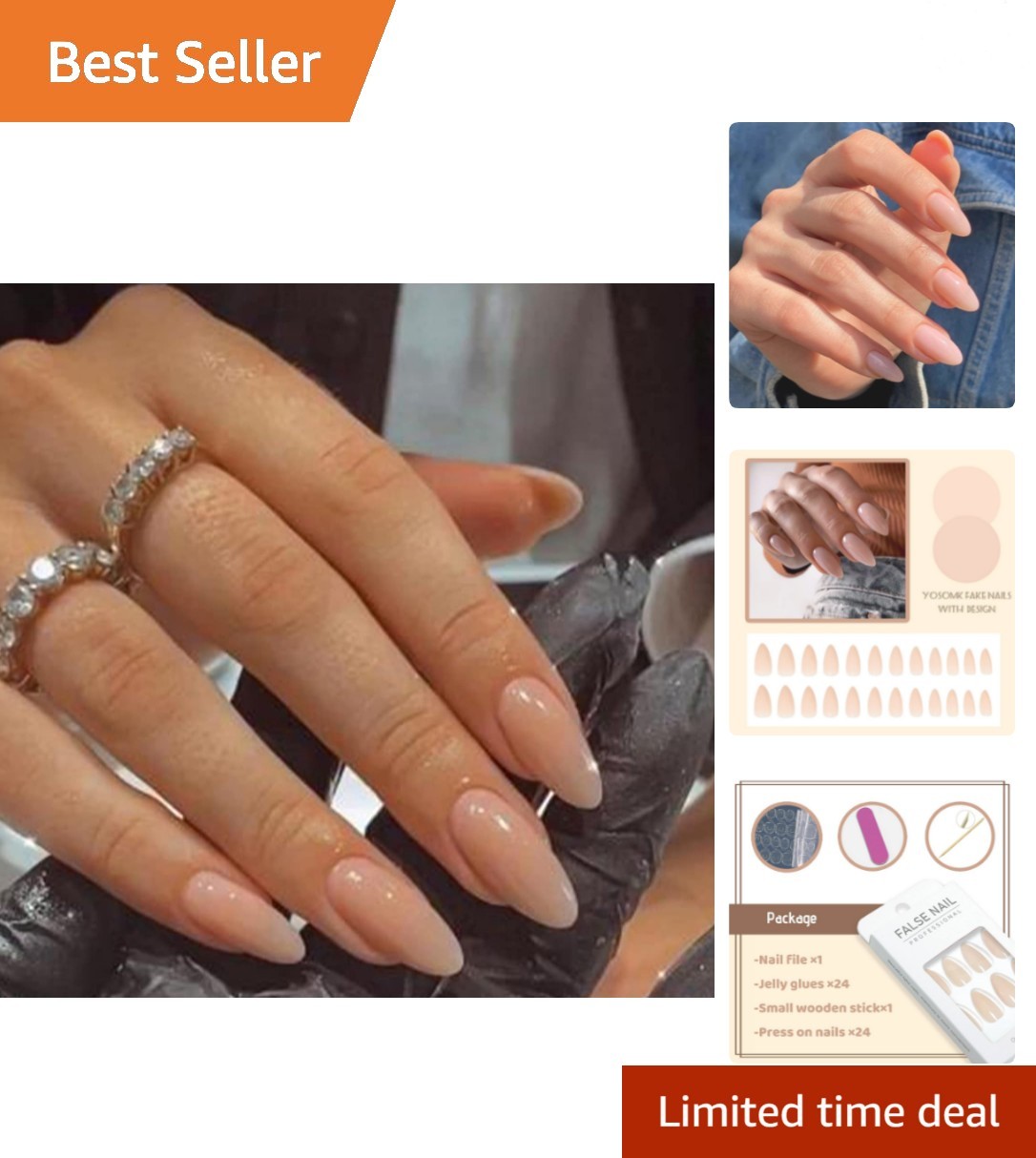 Almond Shaped Full-Cover Nude Fake Nails – 24 Piece Easy Application Set
