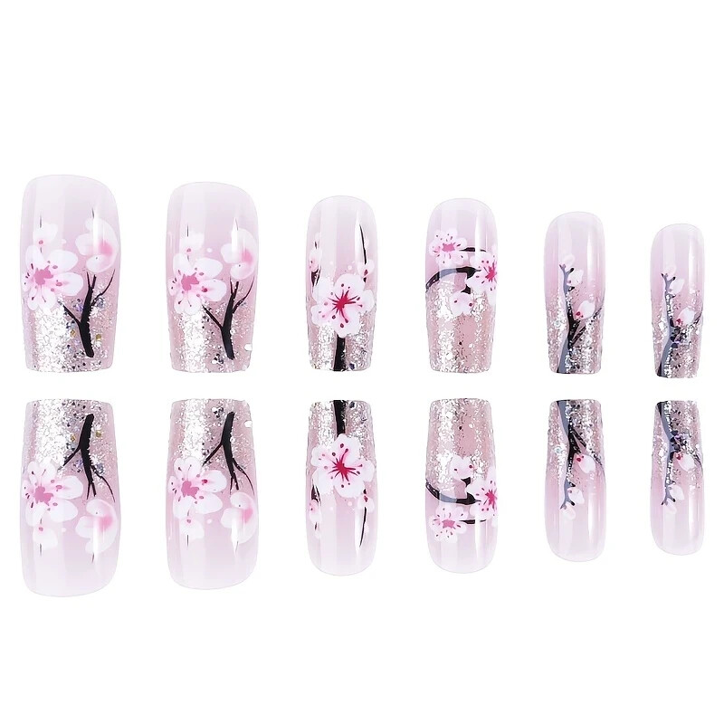 24pcs Spring and Summer Bright Flower Press-on Nails, Medium and Short