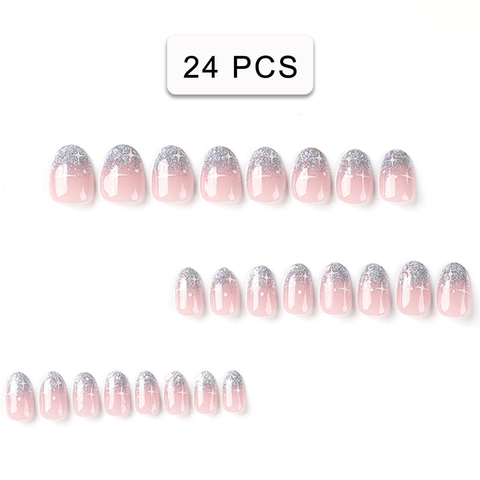 Silver Glitter French Press on Nails Short Almond fake Nails White Starburst …