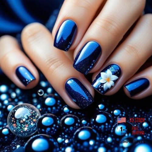 Square Dark Blue Flowers Fake Nails Design M10 – Medium Press on Nails