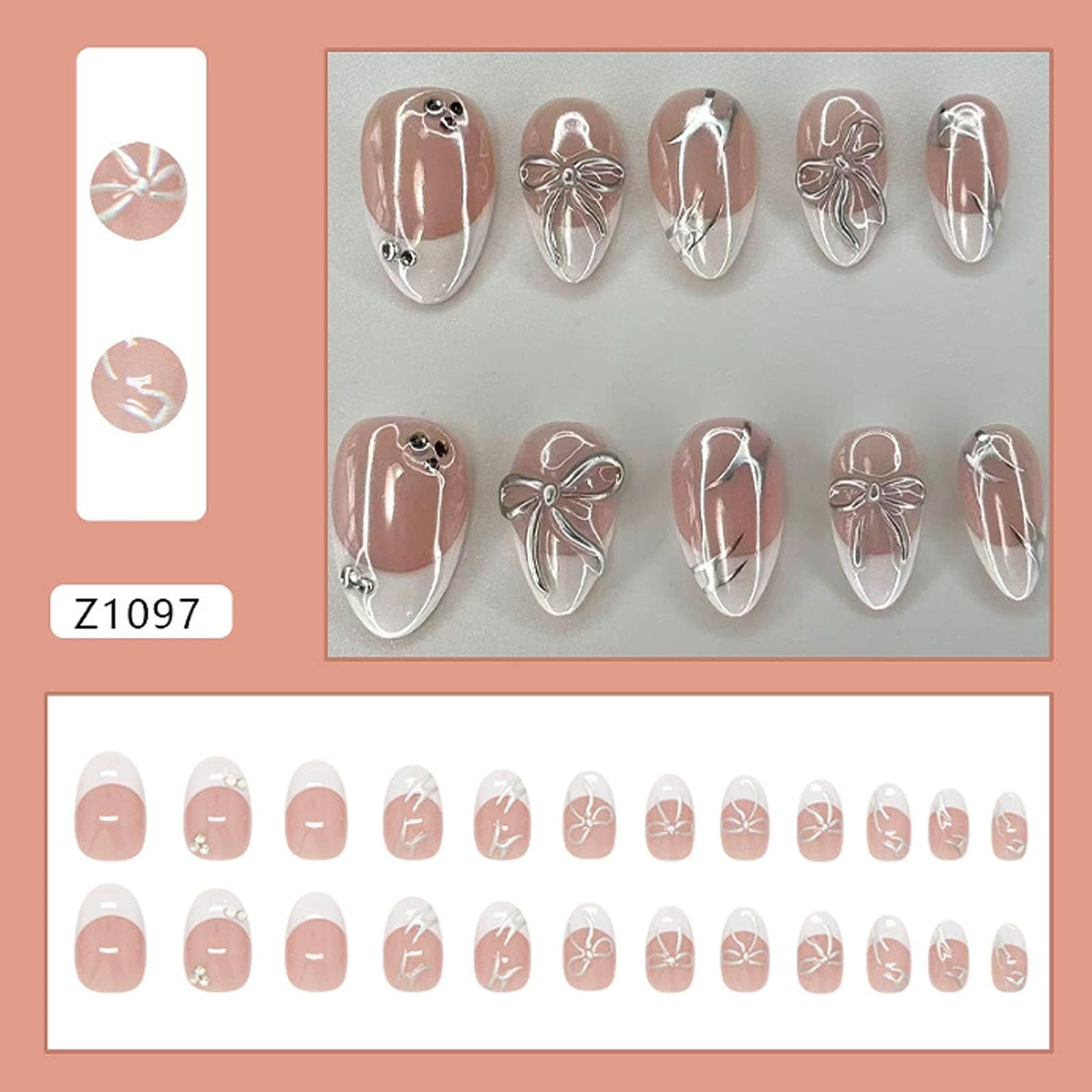 24Pcs White French Tip Press on Nails Almond Short Fake Nails with 3D Silver …