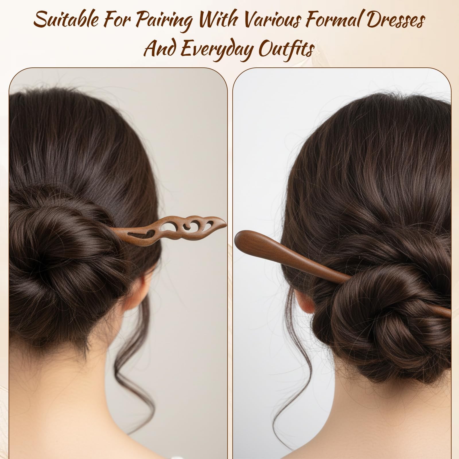 4 Pcs Wooden Hair Sticks for Women, Hanfu Pins 1 Count (Pack of 4), Brown
