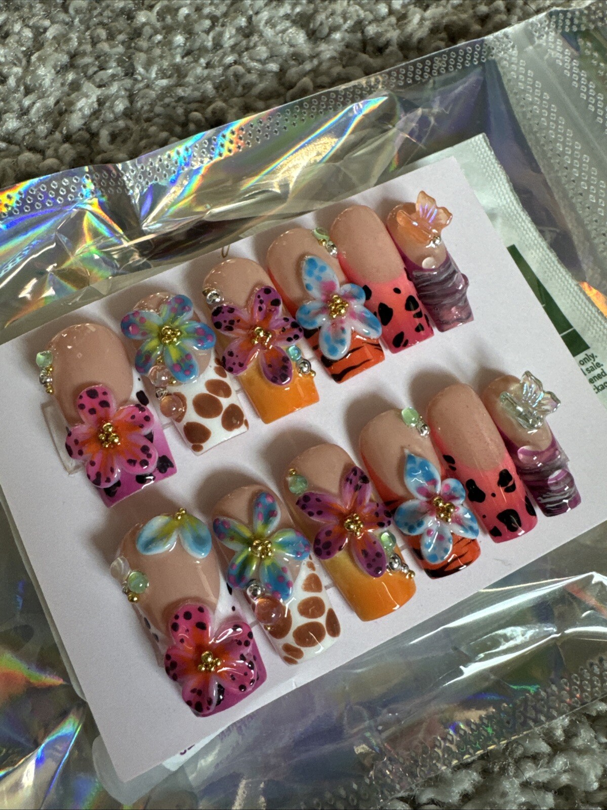 New Custom Press On False Fake Nails French Animal Print Flower Butterfly 12 pc