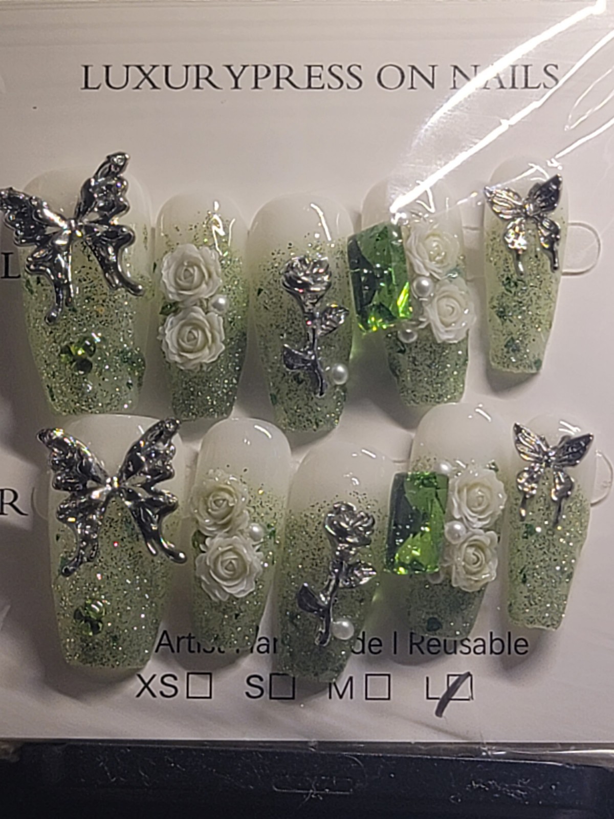 Handmade 10 PC Set Nails Green Ombre Butterfly, SLVR Rose, Gem Sz L, Med Coffin