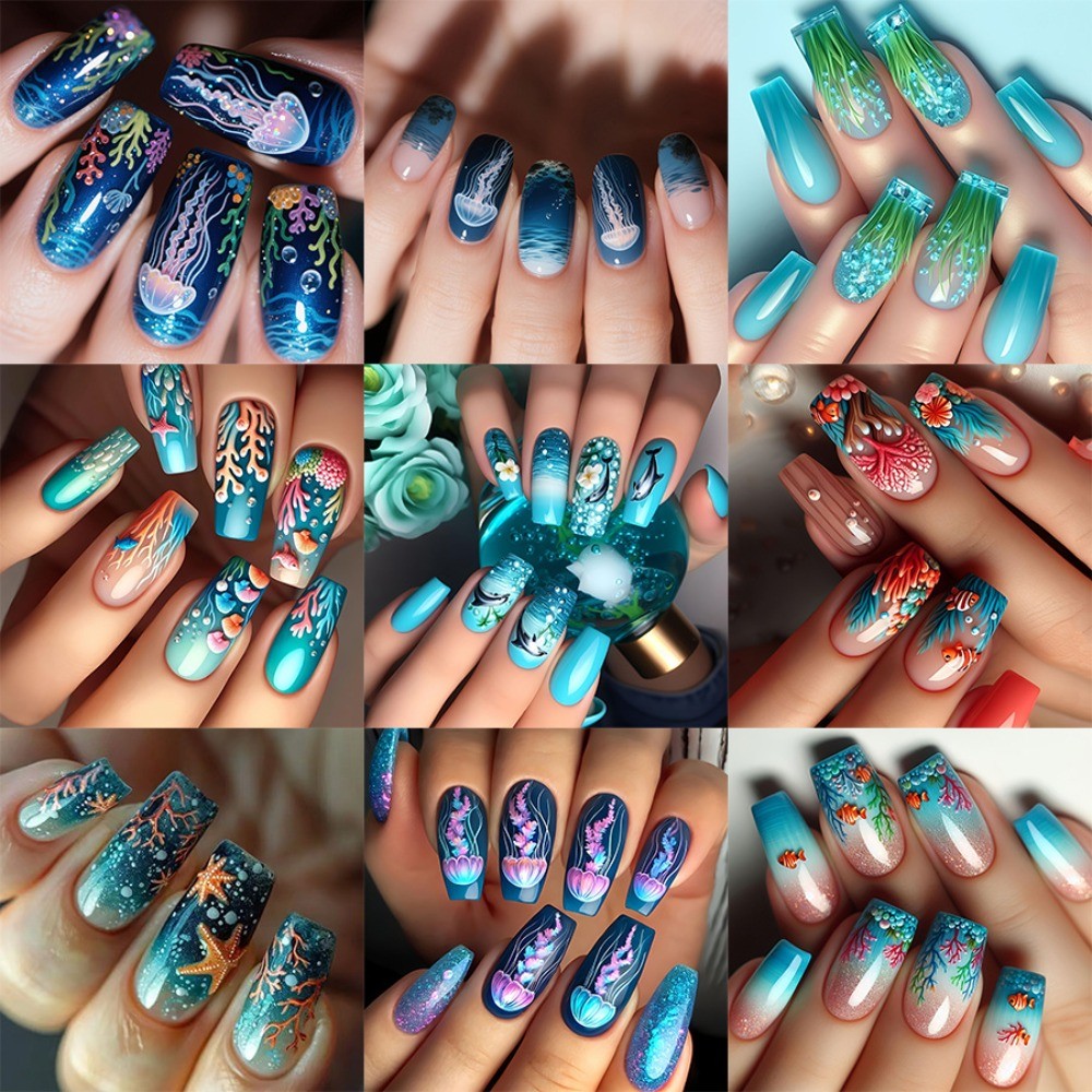 24pcs Ocean Press-On Nails: Coral, Jellyfish Mermaid Designs.Reusable Salon Art.