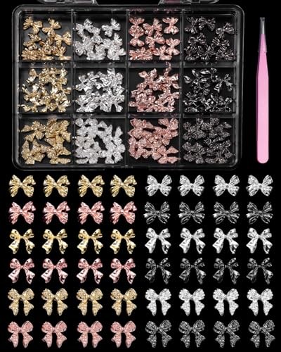 120 Pcs Alloy Bow Nail Charms and Gems, Silver Gold Black Bowknot Metal Nail