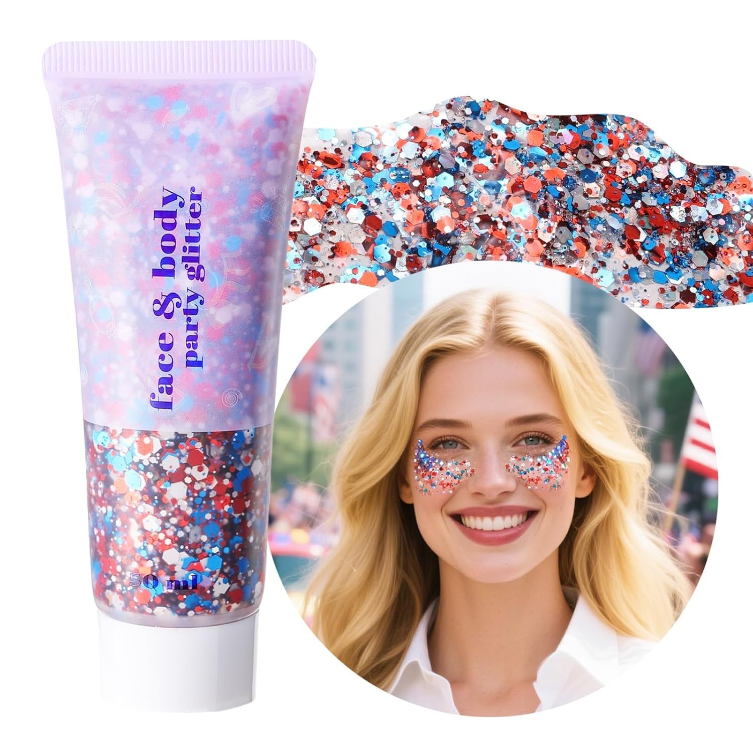 Vivid Red White Blue Body Glitter Gel – Perfect for 4th of July Celebrations