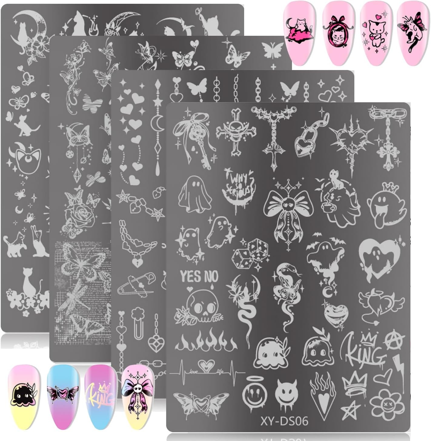 4Pcs Gothic Cute Nail Stamping Plate Set – Dark Kawaii Art 1.4 inches