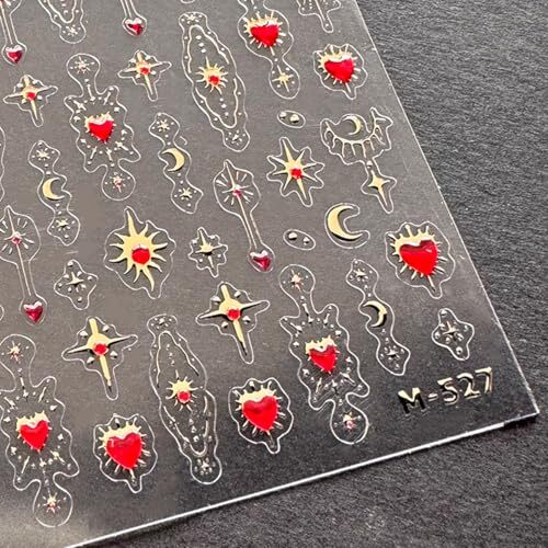 5D Embossed Gold Star Nail Stickers Red Heart Nail Decals Star Moon Style-23