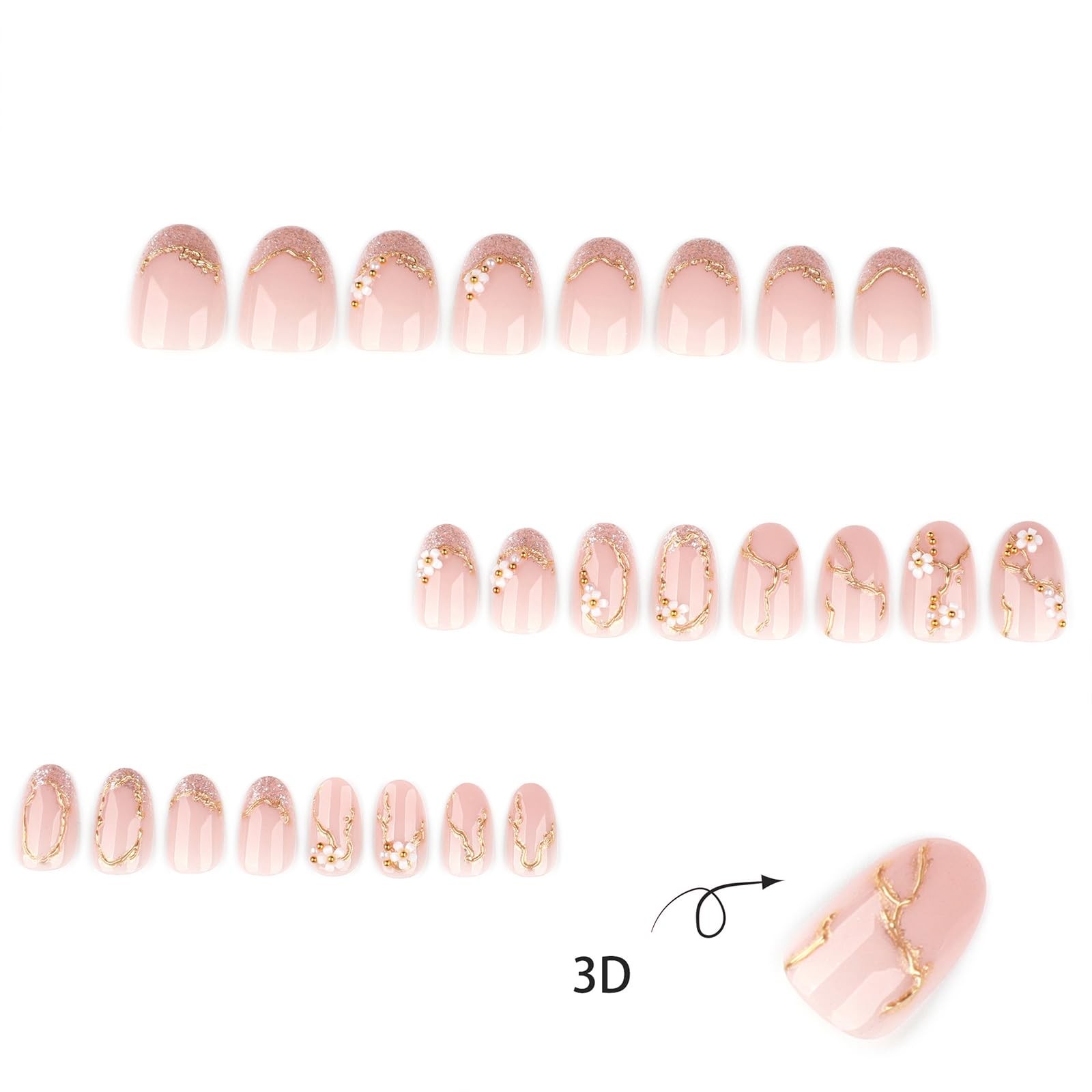 Jremg Glitter French Tip Press on Nails Short Round Fake Nails with Gold Bead…