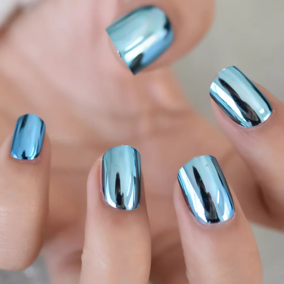24 short blue chrome Press on nails kit w glue metallic mirror aqua