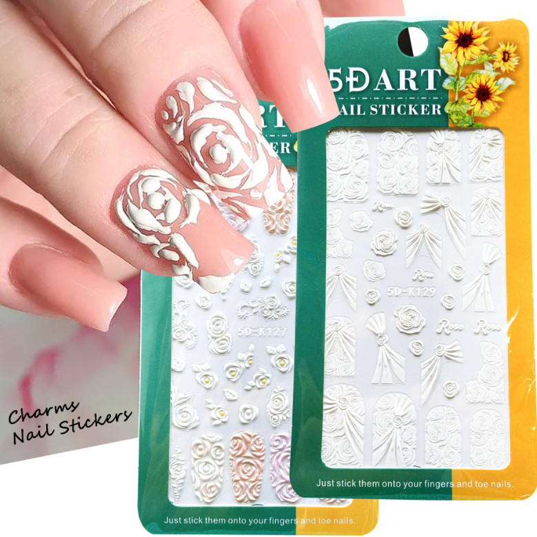 Valentine White 5D Embossed Love Rose Flower Toe Nail Art Stickers Manicure NS17