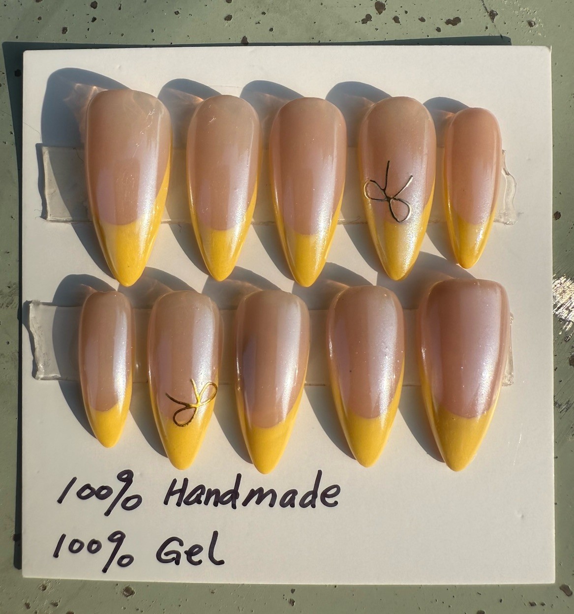 Handmade 10ps gel Press on Nails,Yellow French tip w chrome size Medium