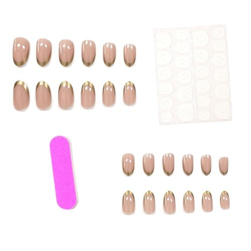 Short Press On Nails – Almond Fake Nails – Gold French Tip – False – Design 4