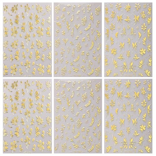 6 Sheets Gold Nail Art Stickers 3D Self -Adhesive Golden Gold Flower Leaves